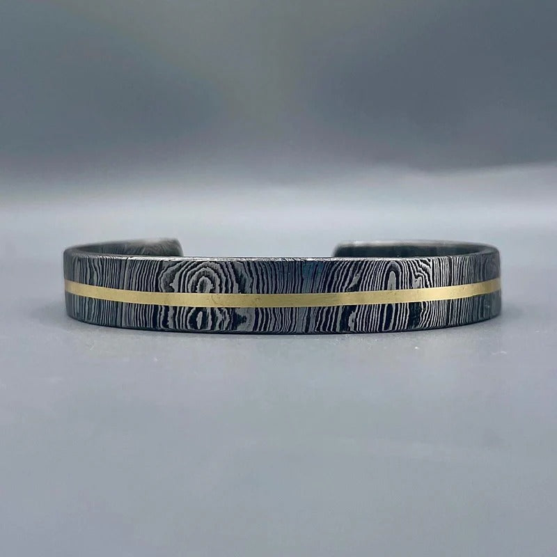 Damascus Steel Cuff Bracelet: Gold Inlay, Handmade Rustic Bangle