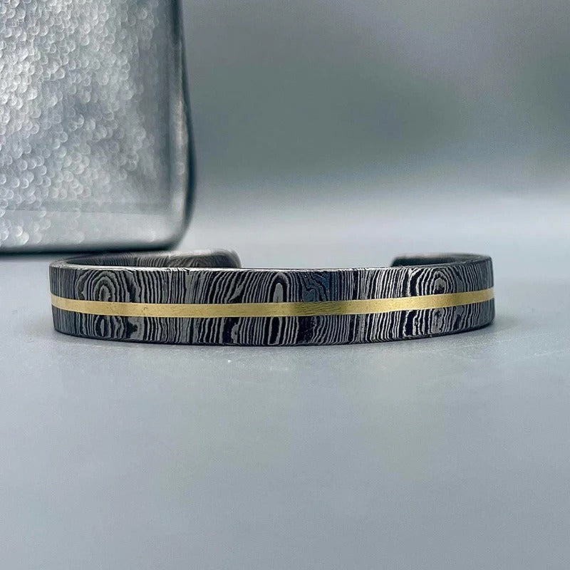 Damascus Steel Cuff Bracelet: Gold Inlay, Handmade Rustic Bangle