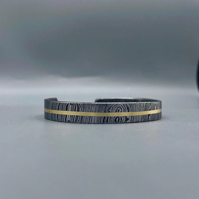 Damascus Steel Cuff Bracelet: Gold Inlay, Handmade Rustic Bangle