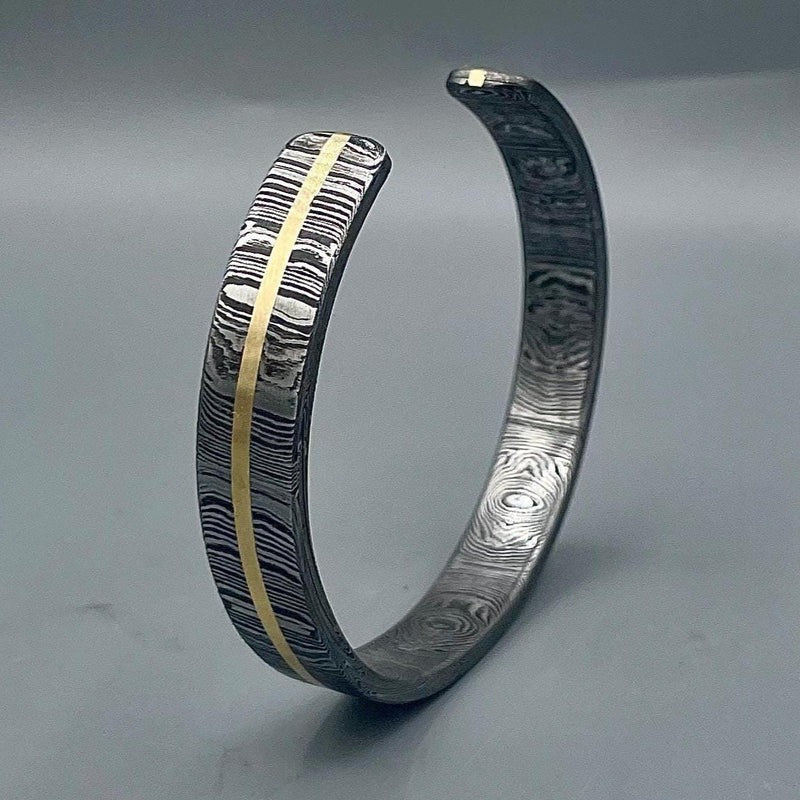 Damascus Steel Cuff Bracelet: Gold Inlay, Handmade Rustic Bangle