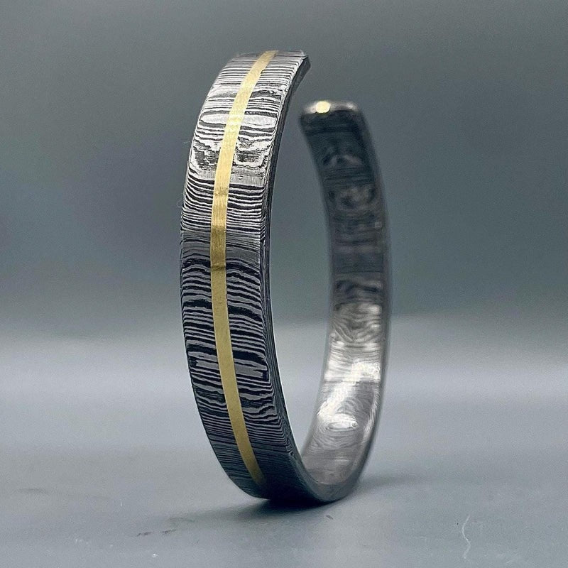 Damascus Steel Cuff Bracelet: Gold Inlay, Handmade Rustic Bangle
