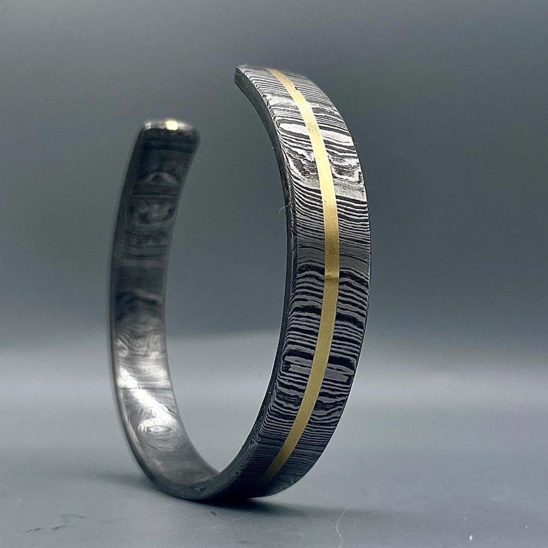 Damascus Steel Cuff Bracelet: Gold Inlay, Handmade Rustic Bangle