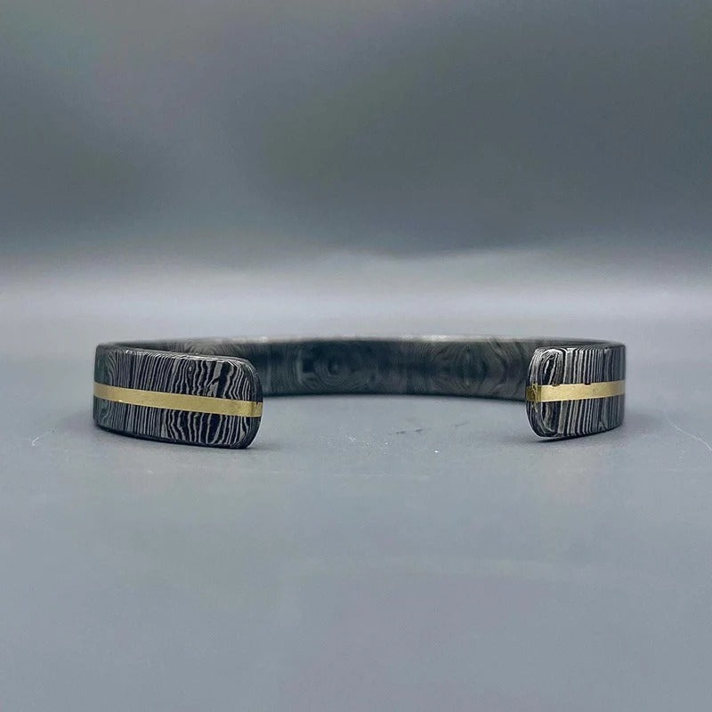 Damascus Steel Cuff Bracelet: Gold Inlay, Handmade Rustic Bangle