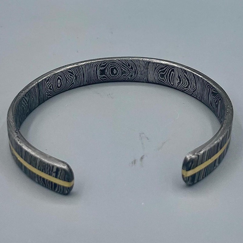 Damascus Steel Cuff Bracelet: Gold Inlay, Handmade Rustic Bangle