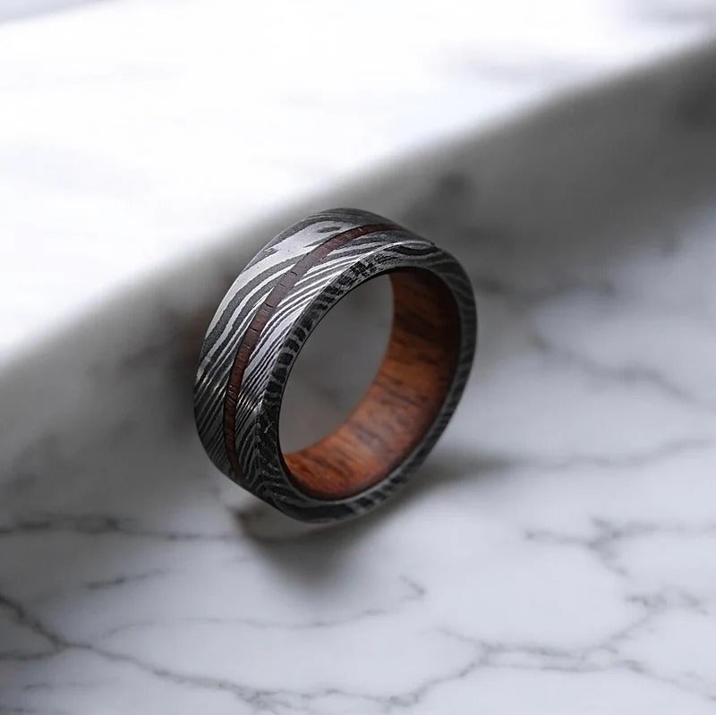 Damascus Steel Ring: Whiskey Barrel Wood Inlay, Mens Wedding Band