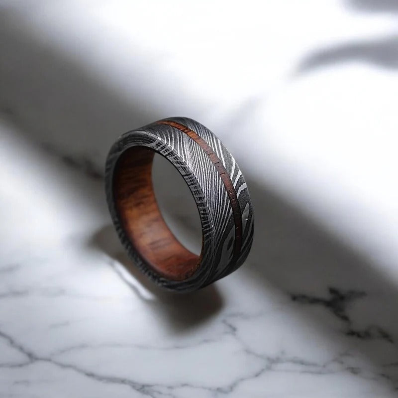 Damascus Steel Ring: Whiskey Barrel Wood Inlay, Mens Wedding Band