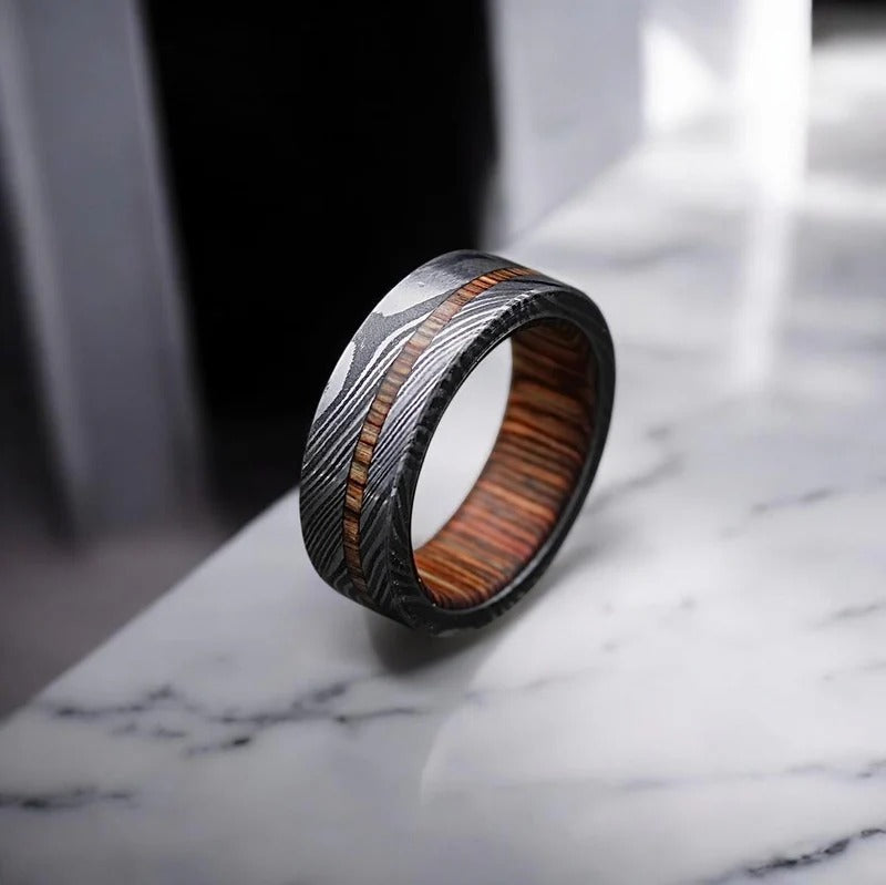 Damascus Steel Ring: Whiskey Barrel Wood Inlay, Mens Wedding Band