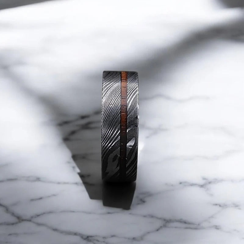 Damascus Steel Ring: Whiskey Barrel Wood Inlay, Mens Wedding Band