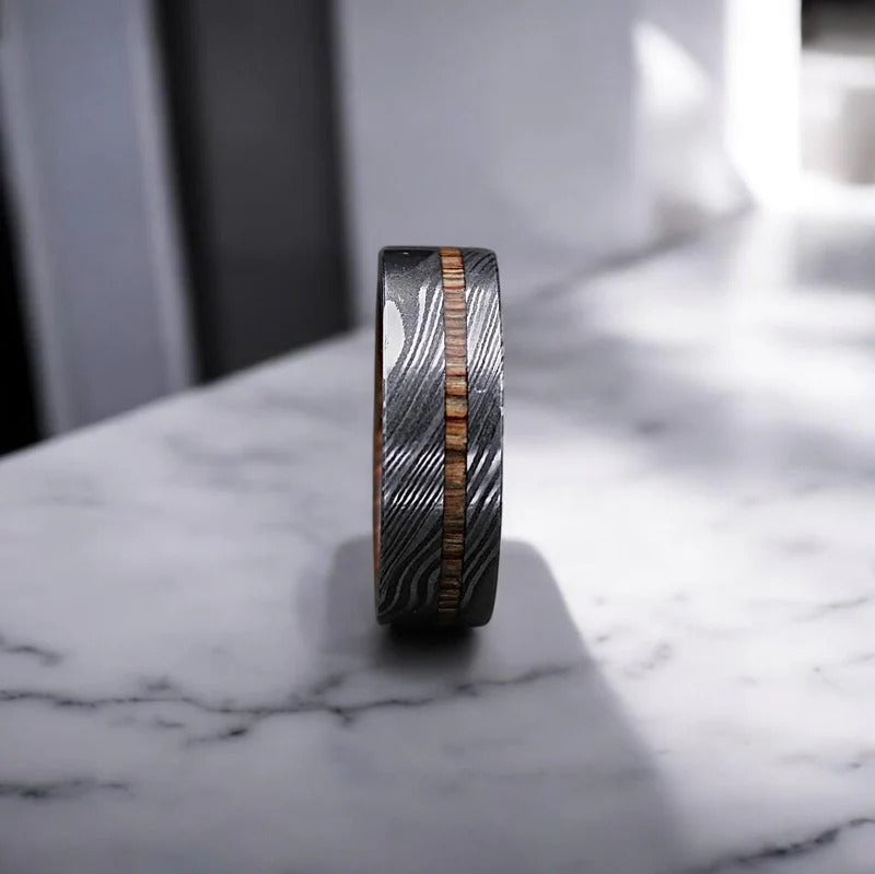 Damascus Steel Ring: Whiskey Barrel Wood Inlay, Mens Wedding Band