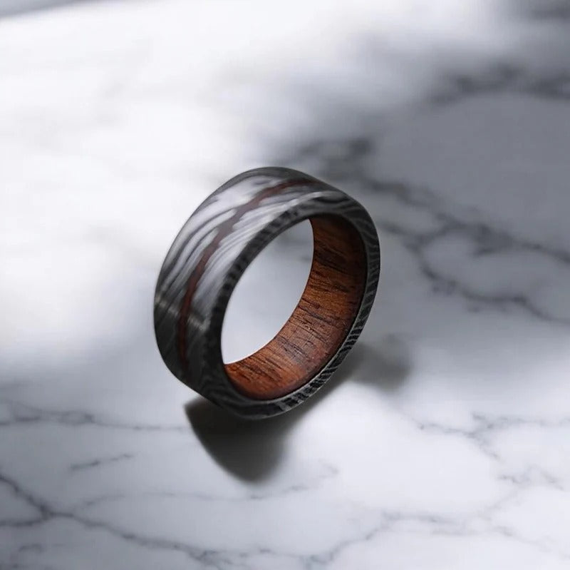 Damascus Steel Ring: Whiskey Barrel Wood Inlay, Mens Wedding Band