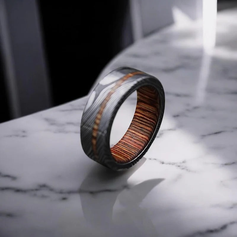 Damascus Steel Ring: Whiskey Barrel Wood Inlay, Mens Wedding Band