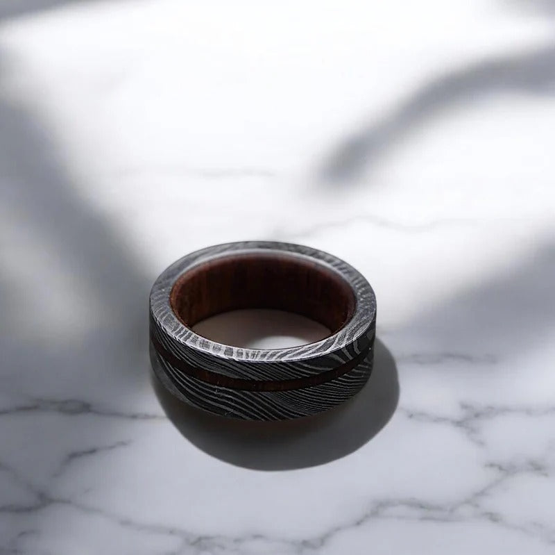 Damascus Steel Ring: Whiskey Barrel Wood Inlay, Mens Wedding Band