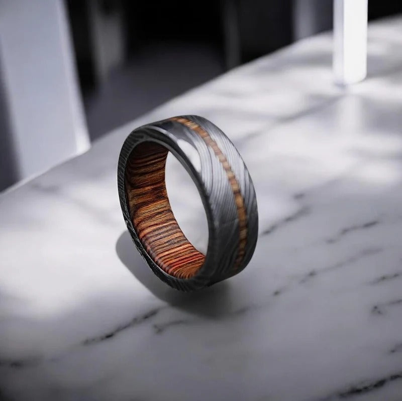 Damascus Steel Ring: Whiskey Barrel Wood Inlay, Mens Wedding Band