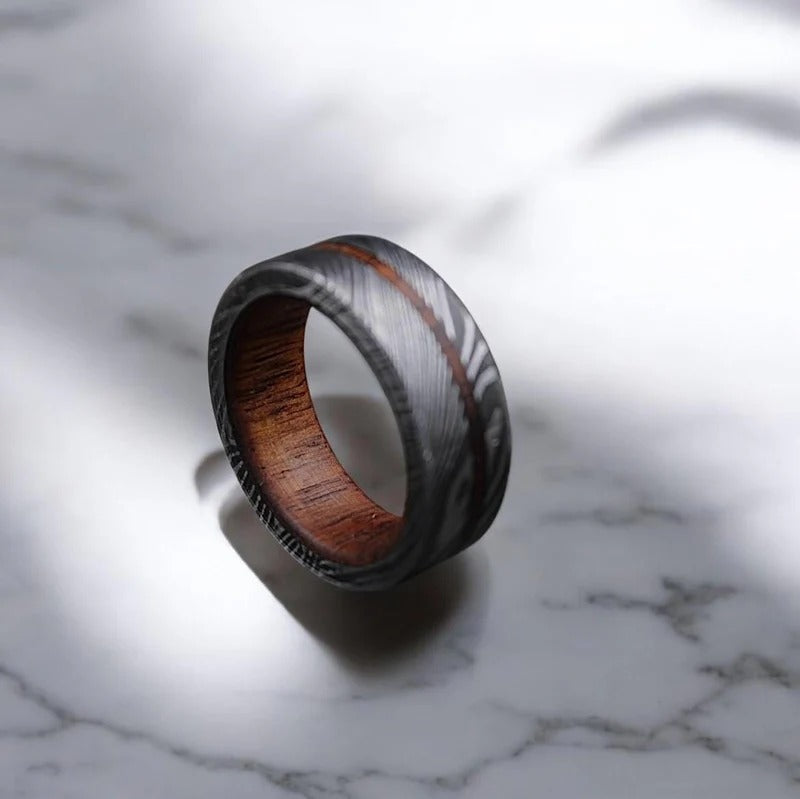 Damascus Steel Ring: Whiskey Barrel Wood Inlay, Mens Wedding Band