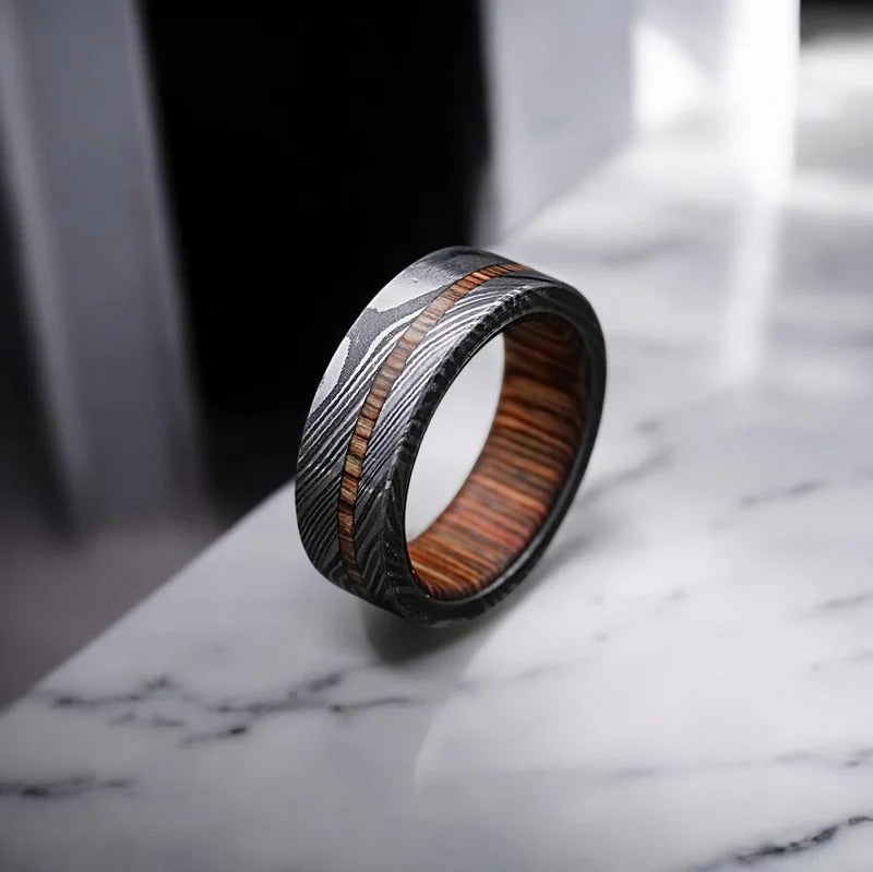 Damascus Steel Ring: Whiskey Barrel Wood Inlay, Mens Wedding Band