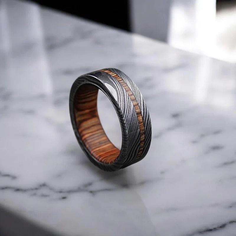 Damascus Steel Ring: Whiskey Barrel Wood Inlay, Mens Wedding Band