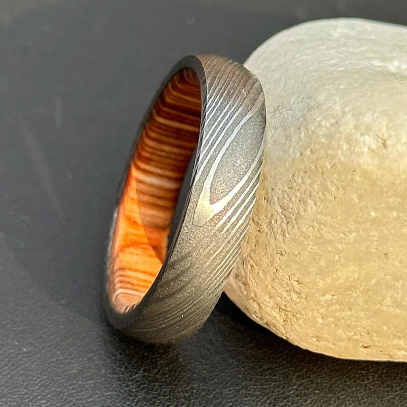 Damascus Steel Ring: Whiskey Barrel Wood Inlay, Mens Wedding Band