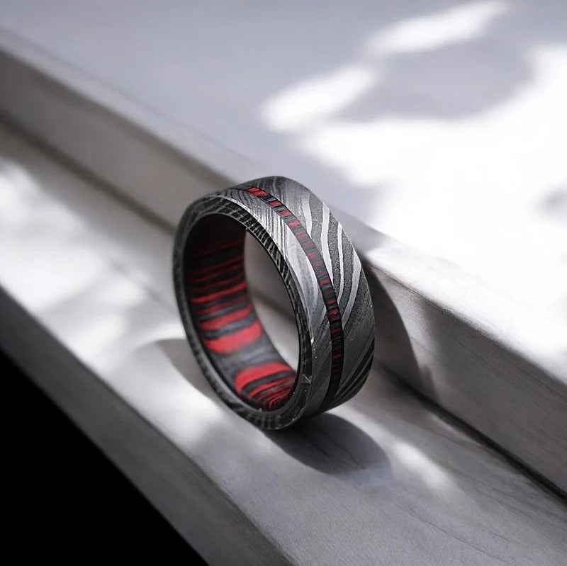 Damascus Steel Ring: Whiskey Barrel Wood Inlay, Mens Wedding Band