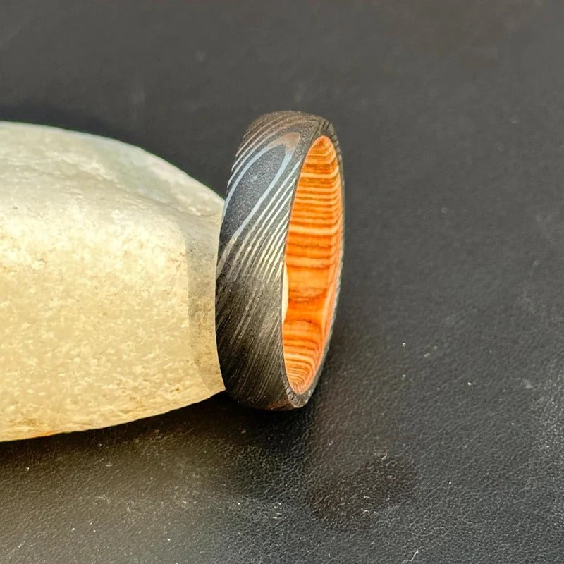 Damascus Steel Ring: Whiskey Barrel Wood Inlay, Mens Wedding Band