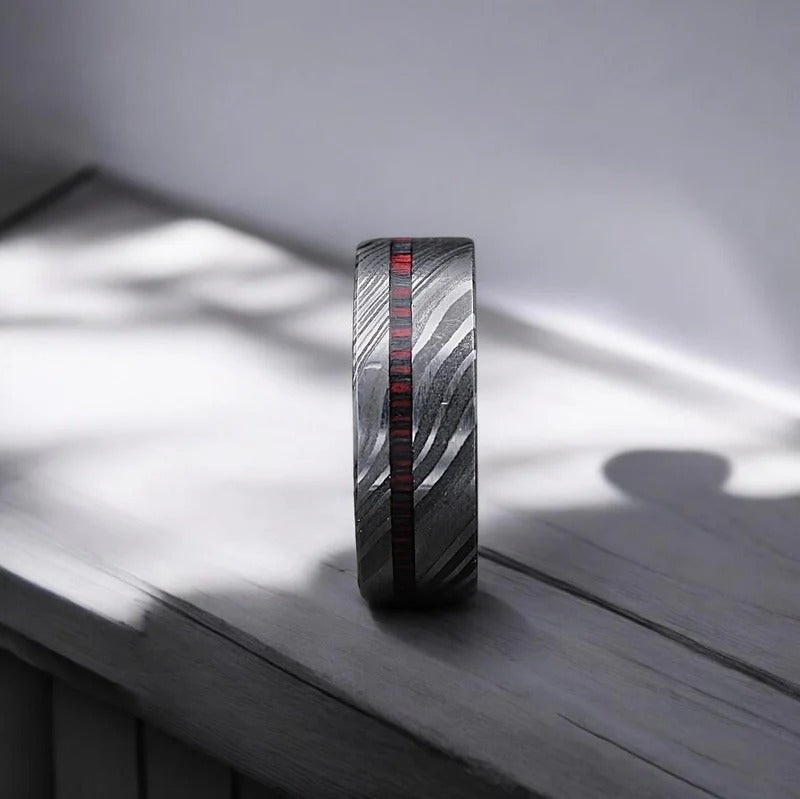 Damascus Steel Ring: Whiskey Barrel Wood Inlay, Mens Wedding Band