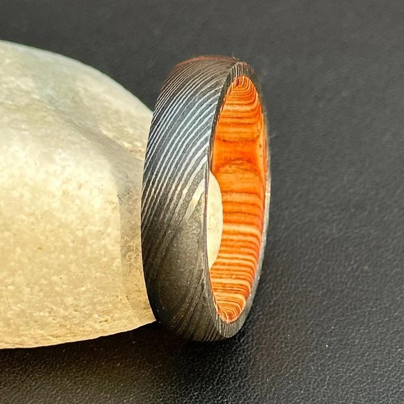 Damascus Steel Ring: Whiskey Barrel Wood Inlay, Mens Wedding Band