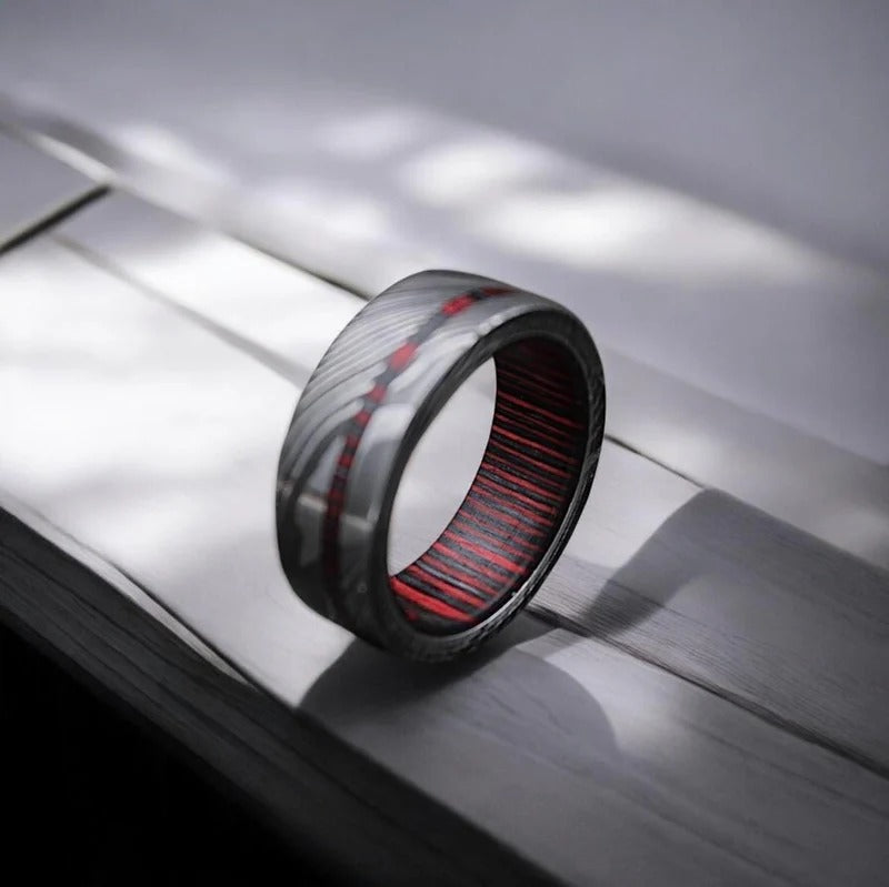 Damascus Steel Ring: Whiskey Barrel Wood Inlay, Mens Wedding Band