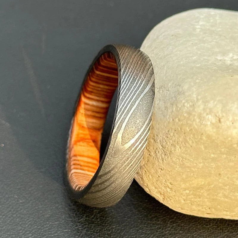 Damascus Steel Ring: Whiskey Barrel Wood Inlay, Mens Wedding Band