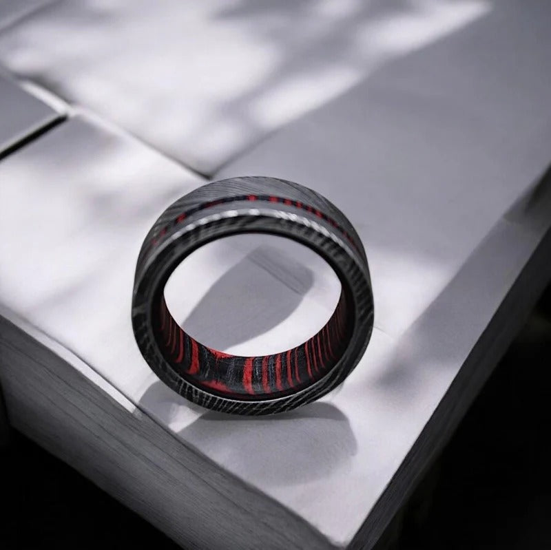 Damascus Steel Ring: Whiskey Barrel Wood Inlay, Mens Wedding Band
