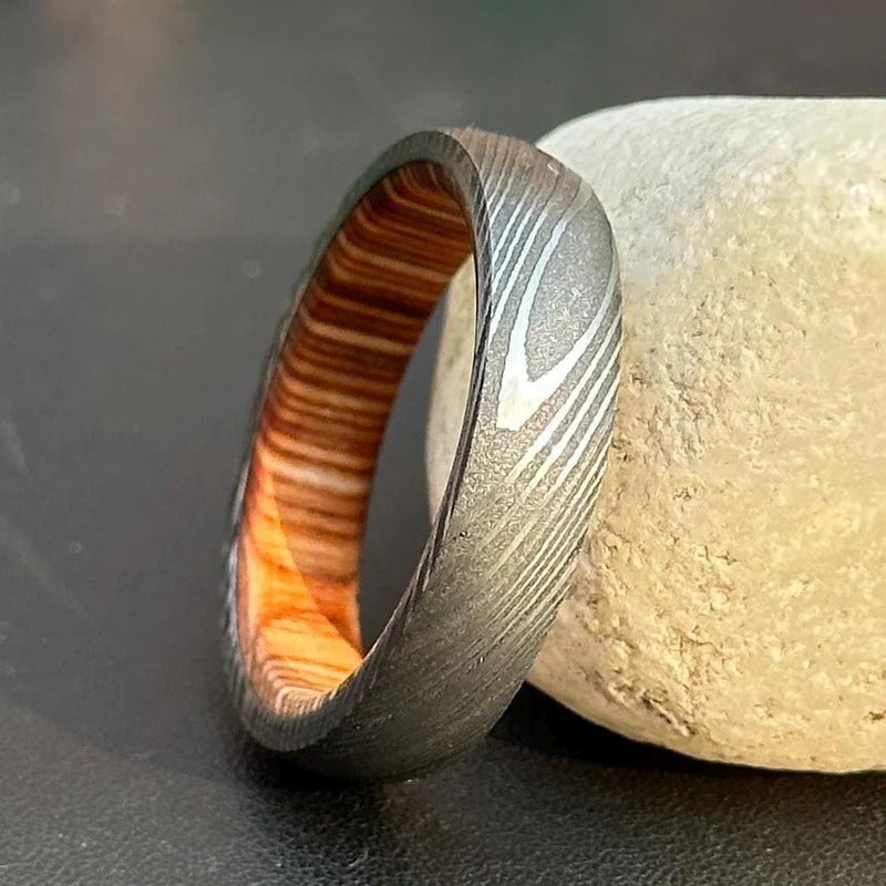 Damascus Steel Ring: Whiskey Barrel Wood Inlay, Mens Wedding Band