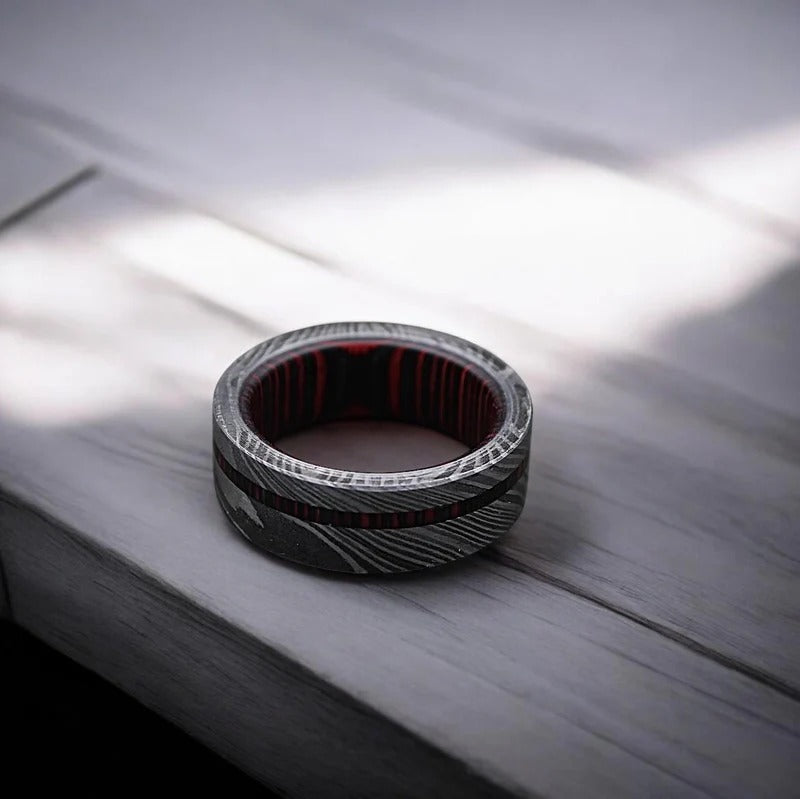 Damascus Steel Ring: Whiskey Barrel Wood Inlay, Mens Wedding Band