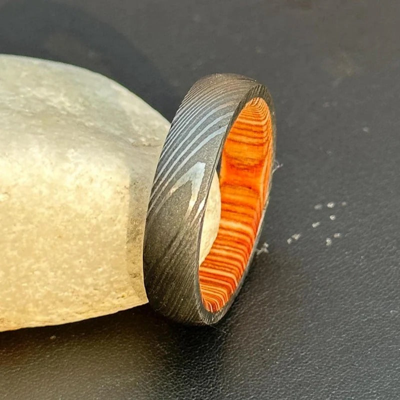 Damascus Steel Ring: Whiskey Barrel Wood Inlay, Mens Wedding Band