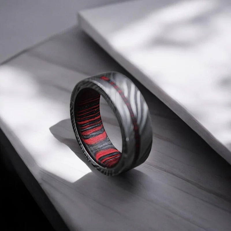 Damascus Steel Ring: Whiskey Barrel Wood Inlay, Mens Wedding Band