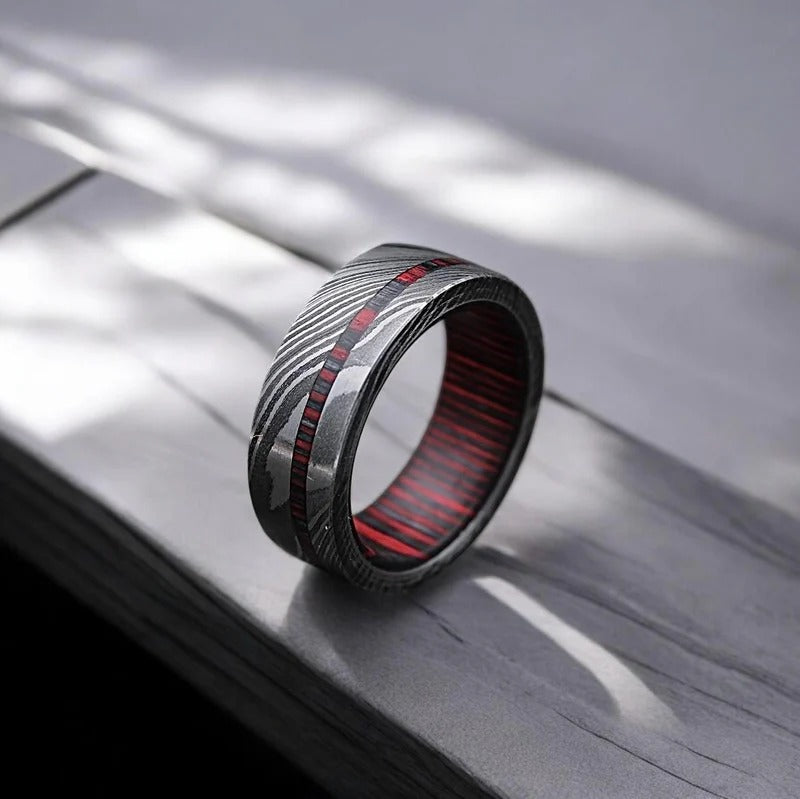 Damascus Steel Ring: Whiskey Barrel Wood Inlay, Mens Wedding Band