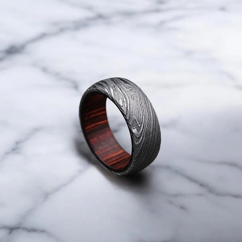 Damascus Steel Ring: Whiskey Barrel Wood Inlay Wedding Band