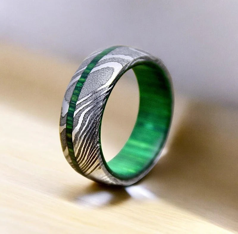 Damascus Steel Ring: Whiskey Barrel Wood Inlay Wedding Band