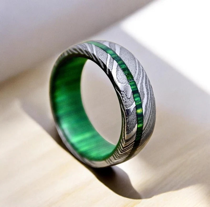Damascus Steel Ring: Whiskey Barrel Wood Inlay Wedding Band