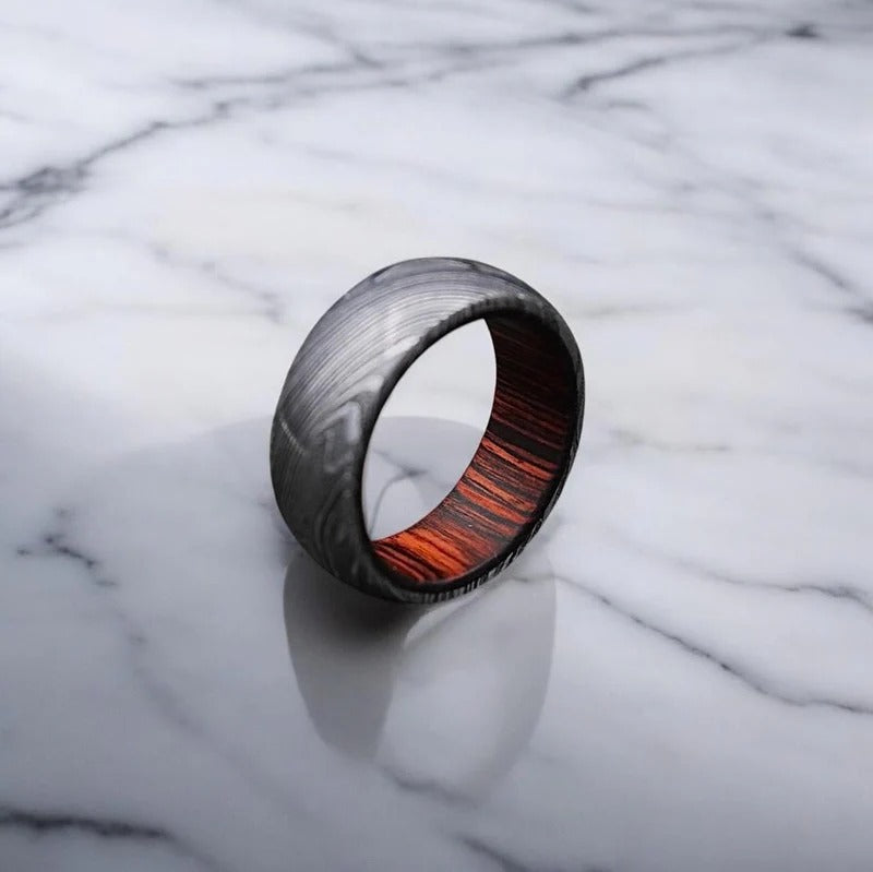 Damascus Steel Ring: Whiskey Barrel Wood Inlay Wedding Band