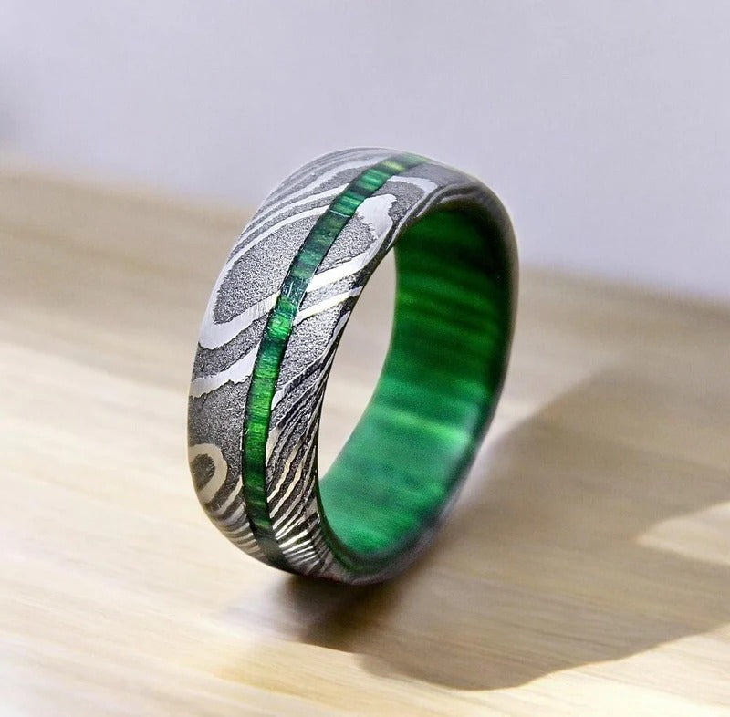 Damascus Steel Ring: Whiskey Barrel Wood Inlay Wedding Band