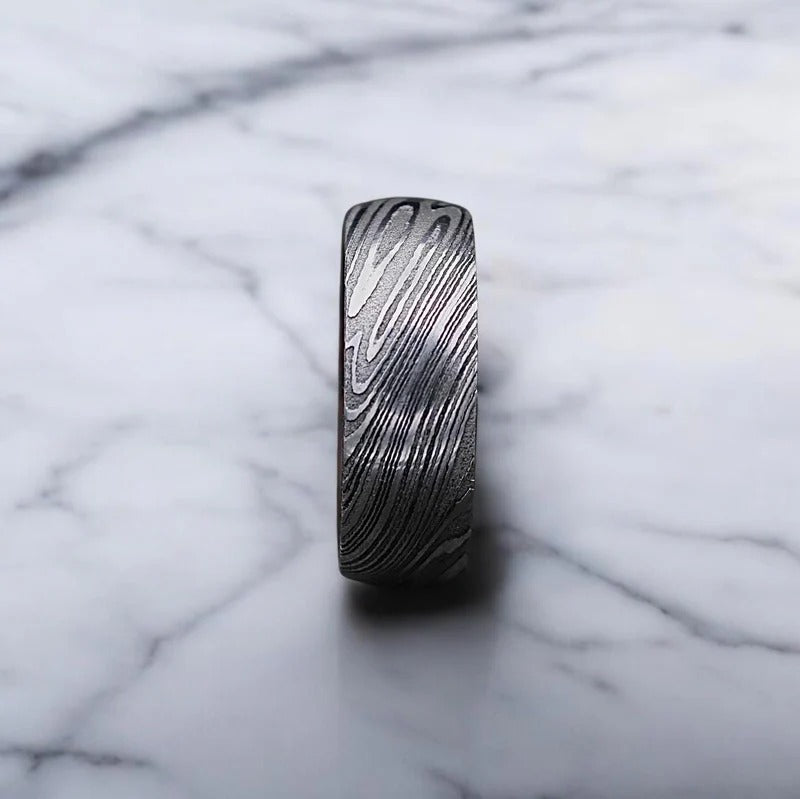 Damascus Steel Ring: Whiskey Barrel Wood Inlay Wedding Band