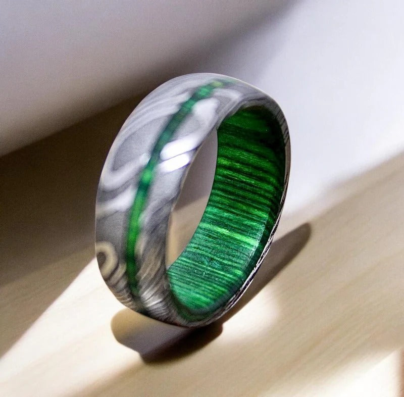 Damascus Steel Ring: Whiskey Barrel Wood Inlay Wedding Band