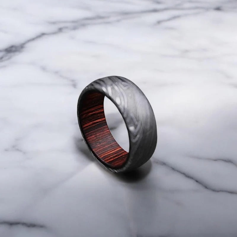 Damascus Steel Ring: Whiskey Barrel Wood Inlay Wedding Band