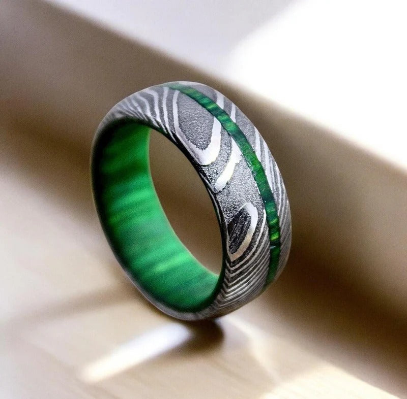 Damascus Steel Ring: Whiskey Barrel Wood Inlay Wedding Band