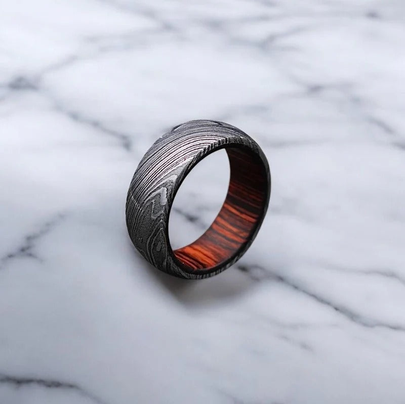 Damascus Steel Ring: Whiskey Barrel Wood Inlay Wedding Band