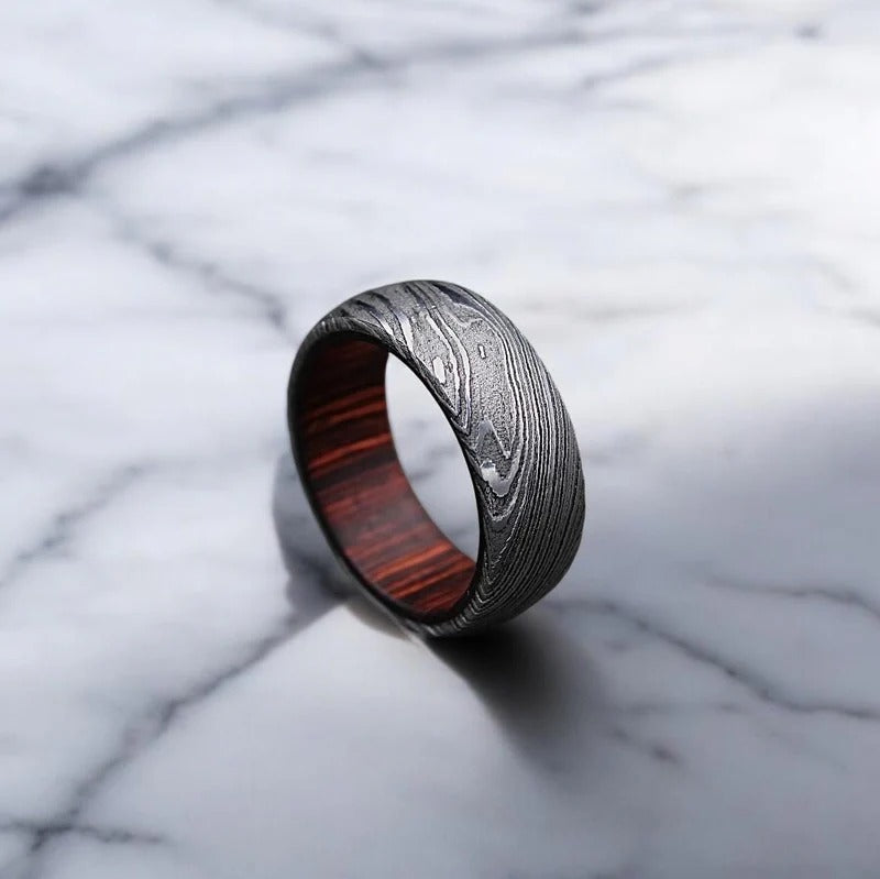 Damascus Steel Ring: Whiskey Barrel Wood Inlay Wedding Band