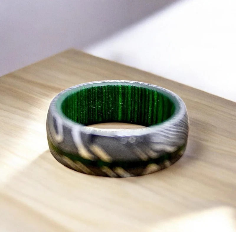 Damascus Steel Ring: Whiskey Barrel Wood Inlay Wedding Band
