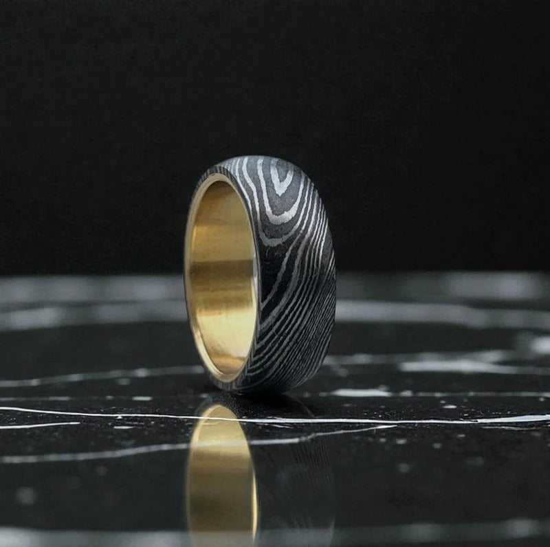 Damascus Steel Ring with Whiskey Barrel Wood Inlay - Handmade Wedding Band