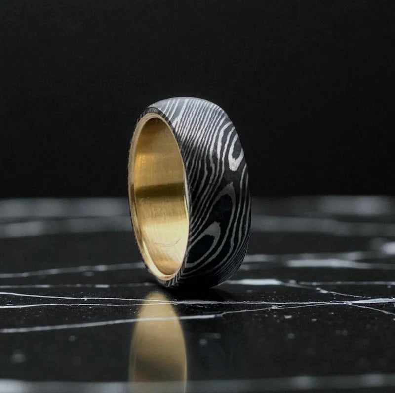 Damascus Steel Ring with Whiskey Barrel Wood Inlay - Handmade Wedding Band
