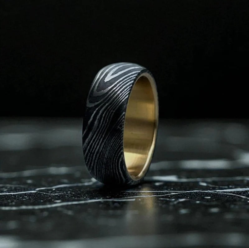 Damascus Steel Ring with Whiskey Barrel Wood Inlay - Handmade Wedding Band