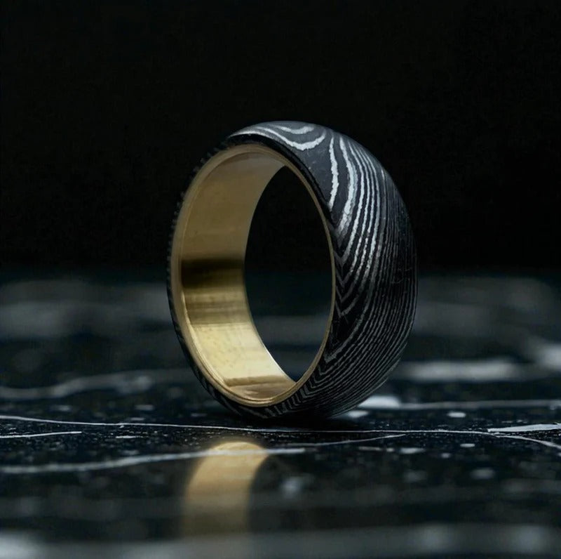 Damascus Steel Ring with Whiskey Barrel Wood Inlay - Handmade Wedding Band