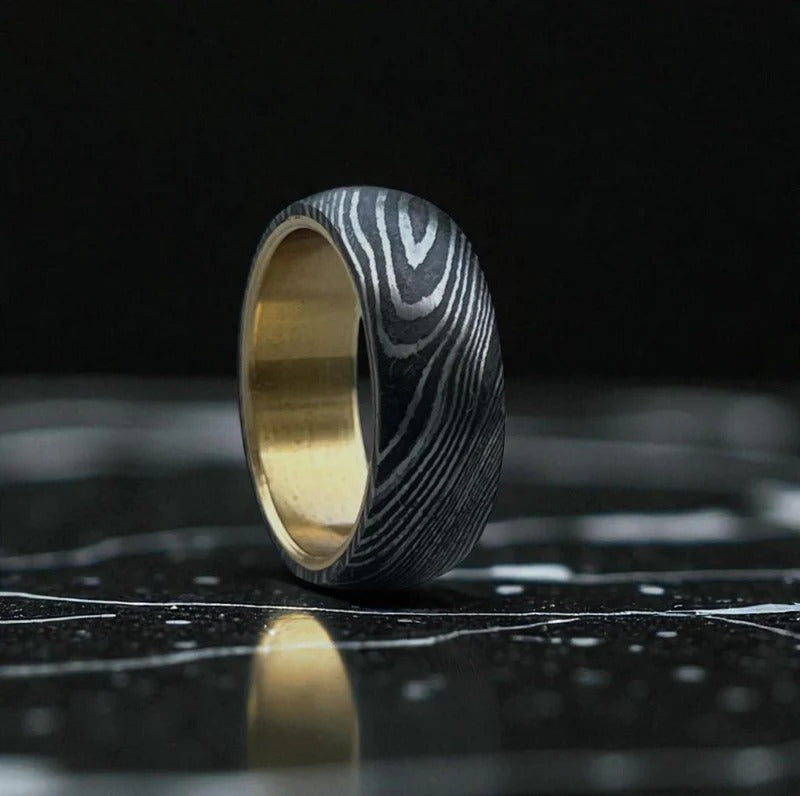Damascus Steel Ring with Whiskey Barrel Wood Inlay - Handmade Wedding Band
